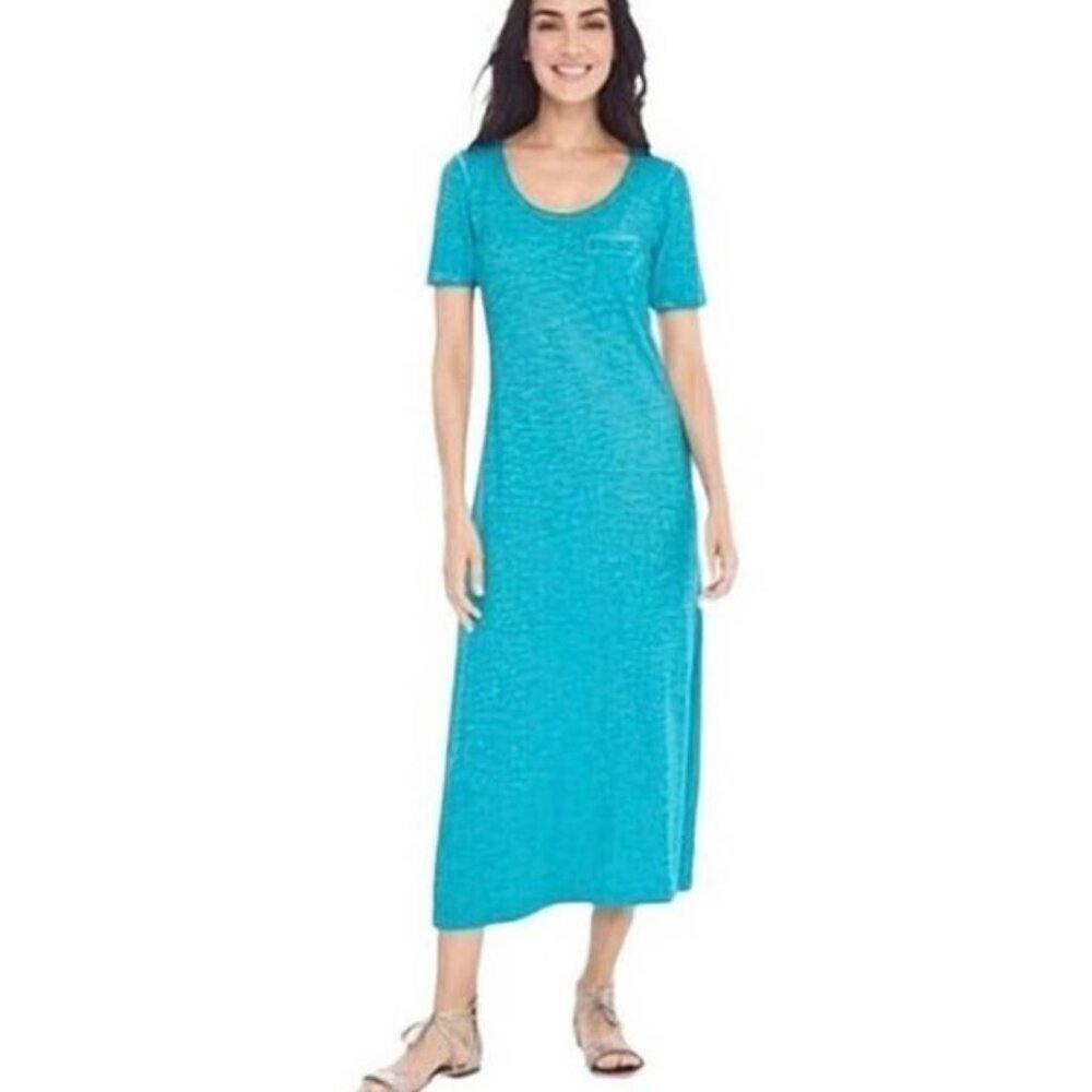 Chico’s Maxi Slub Pocket T-shirt Dress Pigment Dye Blue/Teal‎ (Size 0/XS)